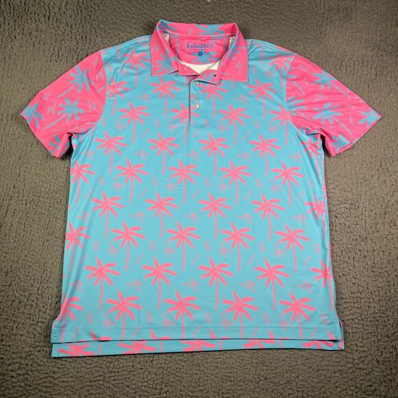 Chubbies Polo Shirt Mens M Pink Blue Palm Tree Hawaiian Golf Performance Stretch - Picture 2 of 6